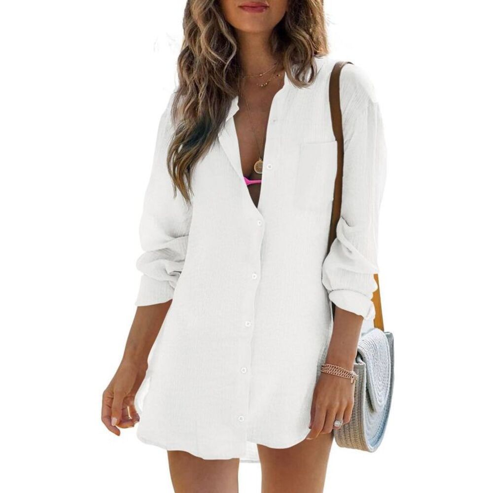 Women's Lightweight Cotton Gauze Long Sleeve Beach Cover-Up Shirt - White L